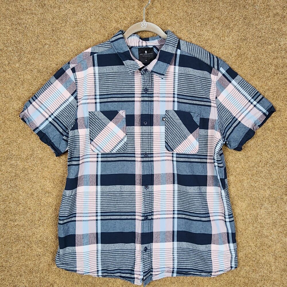 Junk Food Clothing Men Short Sleeve Button Up Shirt Plaid Blue/Pink Pockets 2XL